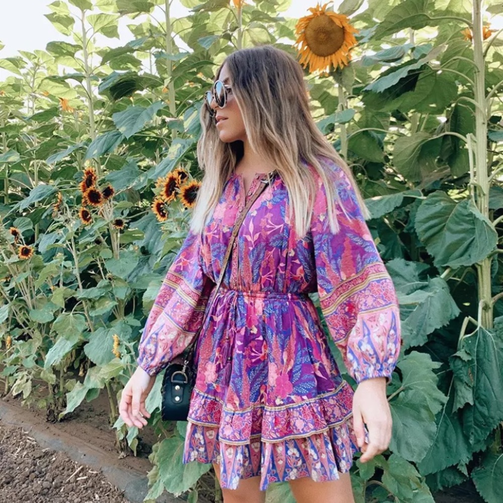 SOLD OUT Boho Purple Wisteria Long Sleeve Ruffled Dress - Picture 2 of 14
